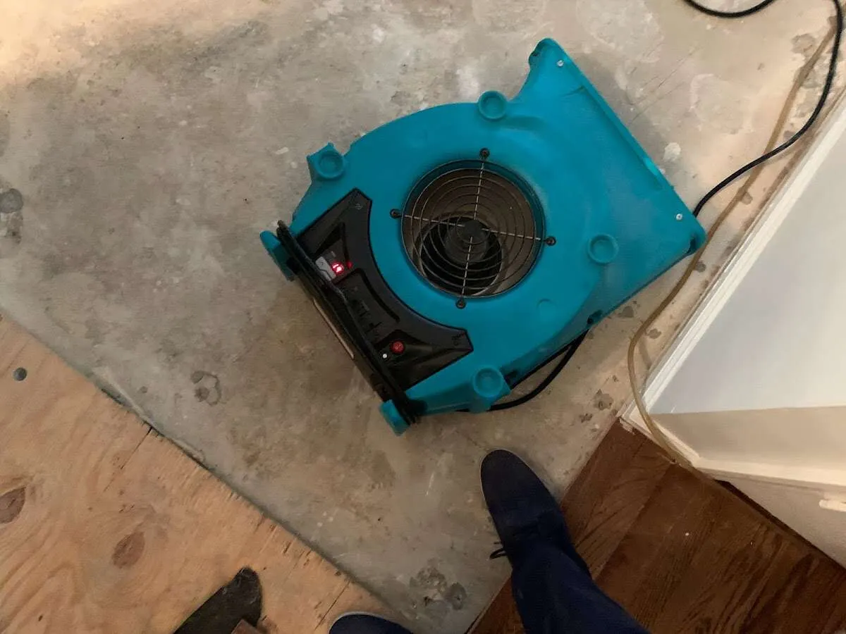 Air mover drying subfloor during Leak Detection & Repair in Lincoln Park